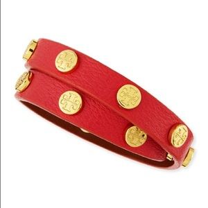 Tory Burch Logo-Studded Wrap Red Leather Bracelet